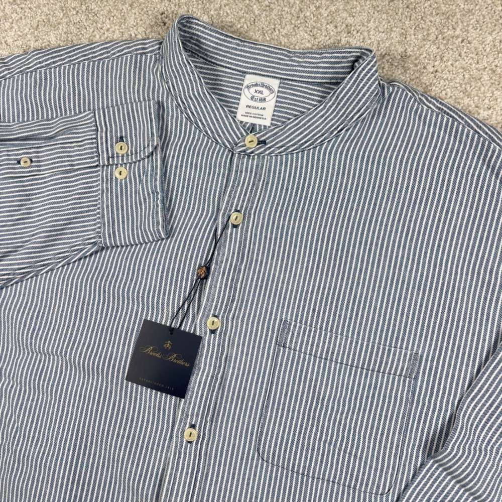 NEW Brooks Brothers Shirt Mens XXL Blue Striped Band Collar Regular Fit